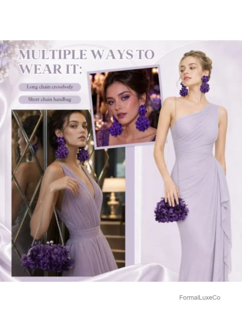Floral Clutch Purse & Dangle Earrings Set with 2 Detachable Chains for Wedding